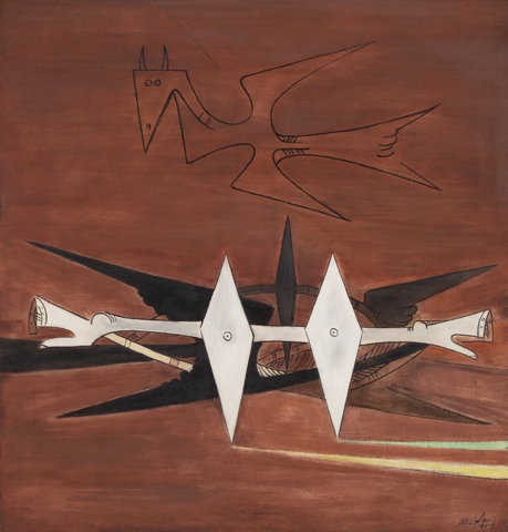 ウィルフレド・ラム《この地上で》1955年 油彩　© Wifredo Lam Estate, Adagp, Paris / ARS, New York 2024 